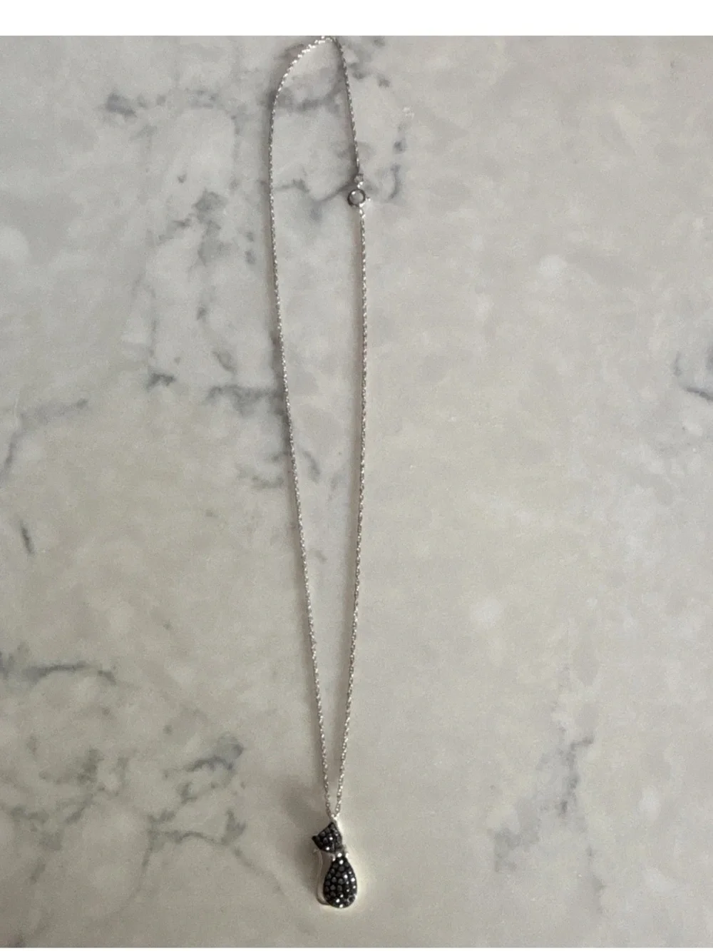 Silver Cat Pendant Necklace with Black Crystal Accents
